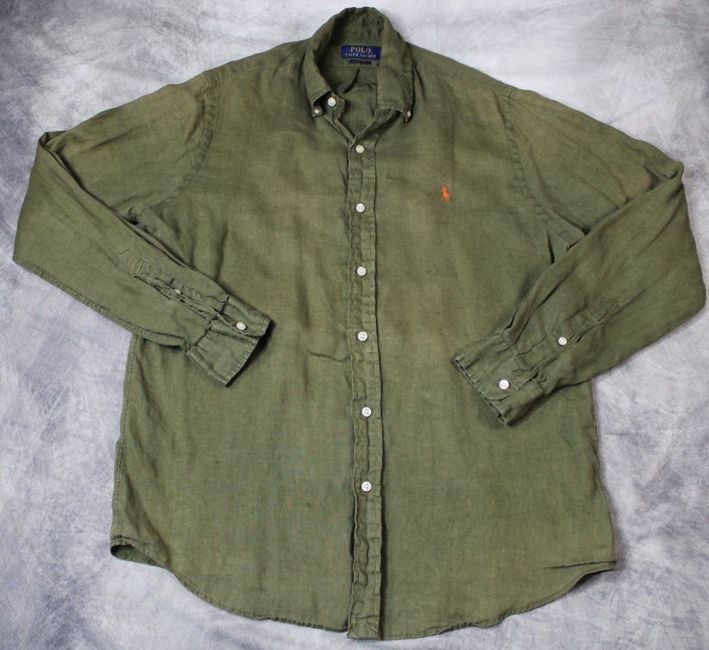 Polo Ralph Lauren Shirt Mens M Olive Green 100% Linen Button Long Sleeve Faded